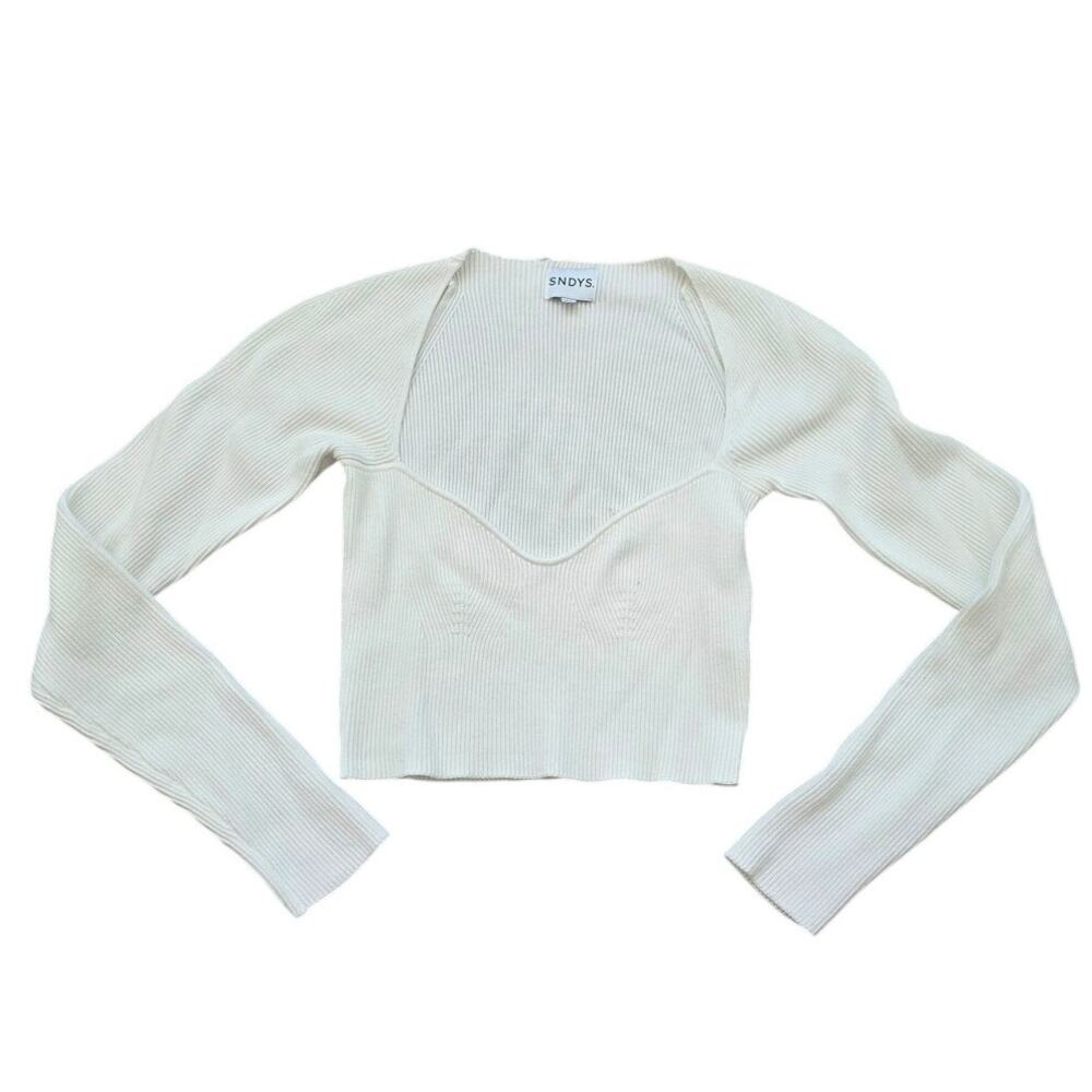 SNDYS White Ribbed Knit Cropped Sweater Top Size M Long Sleeve